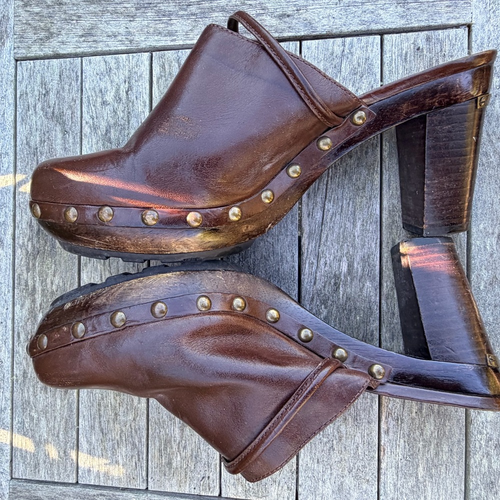 Coach Brown Leather Platform Mules with brass studs and accents. - Picture 5 of 15